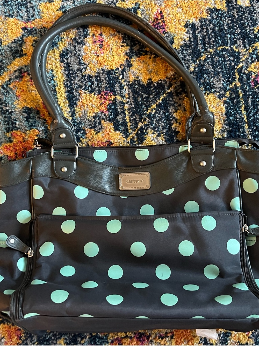 Carter's Black Tote with Mint Polka Dots